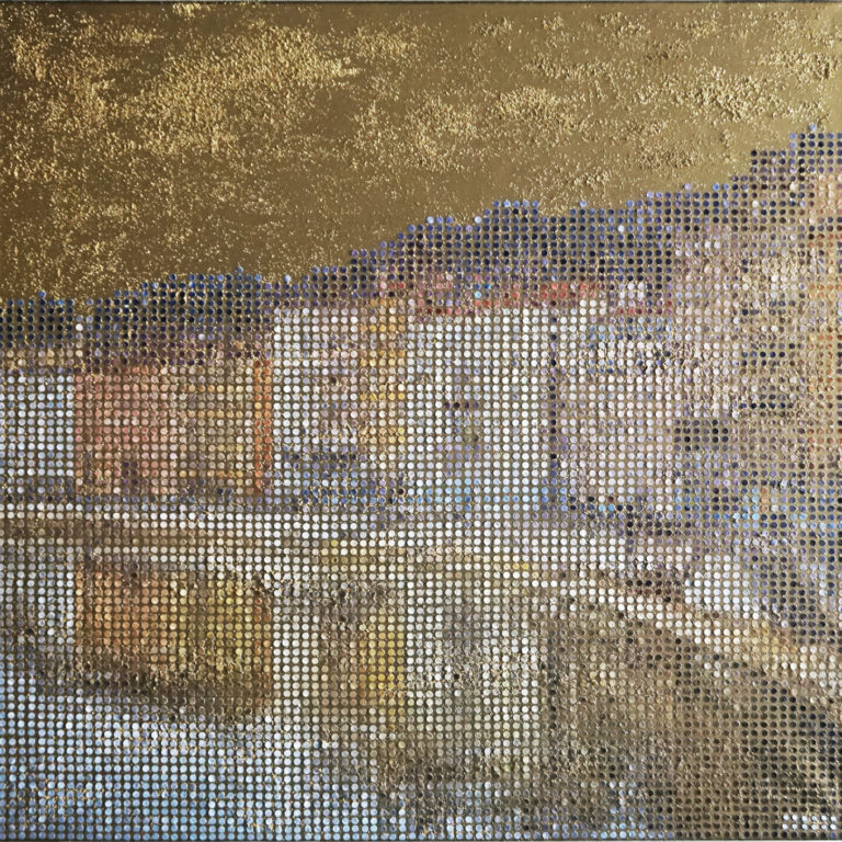 Tableau Lyon Quais de Saone Pointillisme Collage Art France Mermet